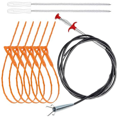 Drain Cleaning Tool Set, 79" Extra-Long Drain Clog Remover, (6pcs) 25" Hair Drain Snakes, (2pcs) 25" Cleaning Brushes for Sink, Tub, Toilet & Sewer, (9-Pieces Tool Set)