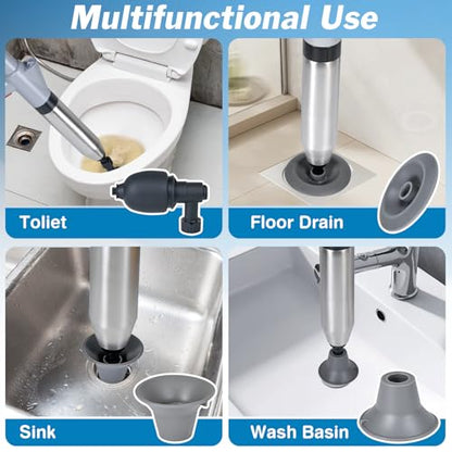 High Pressure Toilet Plunger, Toilet Snake Air Drain Blaster with Real -Time Barometer, Heavy Duty Drain Clog Remover for Bathroom, Floor, Shower, Kitchen Clogged (Gery-Manual)