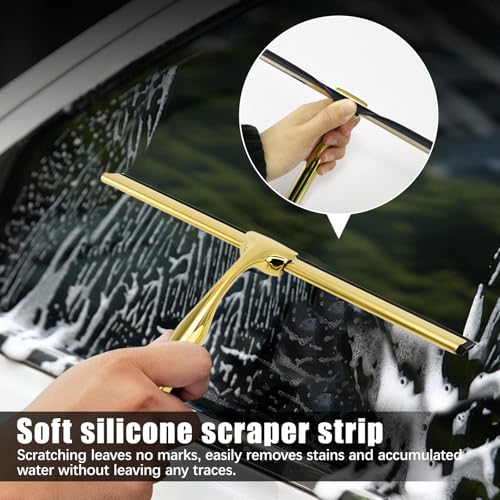 Squeegee for Shower Glass Door, All-Purpose Stainless Steel Squeegee with Adhesive Hooks, Cleaner Tool for Tile Walls, Bathroom, Window, Glass and Car Windshield, Mirrors and Kitchen(10in, Gold)