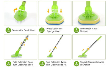 4-in-1 Tile Tub Floor Scrubber with 52-inch Adjustable Long Handle Shower Cleaner Brush with V-Shaped Grout Brush and 3 Replacement Brush Heads for Cleaning Bathroom Kitchen Walls Tub Tile