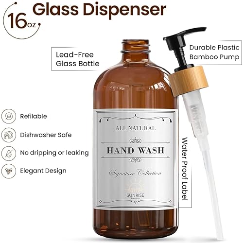 Sunrise Premium 16 OZ Thick Amber Glass Soap Dispenser, Bamboo Pump with Tray 4 Pack, Hand and Dish Soap Dispenser Set for Bathroom with 12 Waterproof Labels - color: Plastic Bamboo Pump - Amber Glass Pack 4