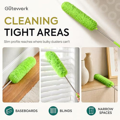 Gütewerk Extendable Microfiber Duster, 100 Inch - Feather Dusters for Cleaning Ceiling Fans, Blinds, Baseboards & High Ceilings - Washable, Electrostatic, 360° Bendable Head, Stainless Steel Pole - color: Green, size: up to 100 inch