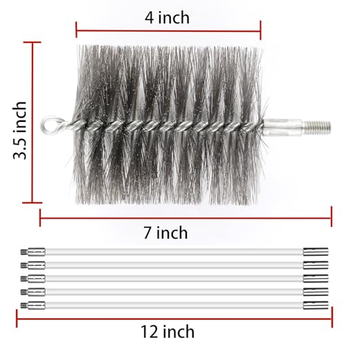 50-inch Long Tent Wood Burning Stove Pipe Cleaning Brush with Stainless Steel Bristles, and Chimney Cleaning Wire Brush with 4 Flexible Rods, 3.5'' Brush Heads - size: 3.5IN