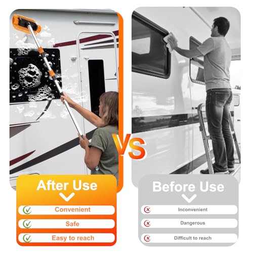 LAANPOLE 12FT Car Wash Brush with Long Handle, Car Cleaning Brush with 12 Inch Soft Bristle and Soap Dispenser, Solar Panels Cleaner with Telescoping Pole for RV, Truck, Boat, House Siding, Orange - color: Orange