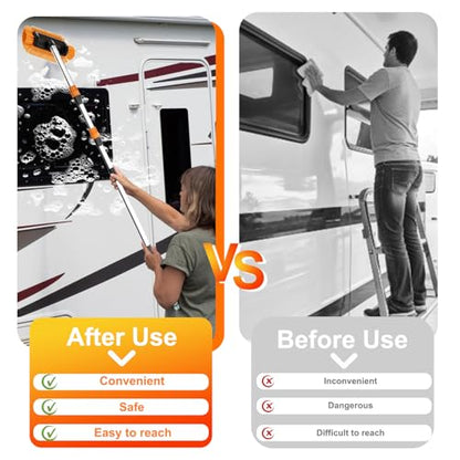 LAANPOLE 12FT Car Wash Brush with Long Handle, Car Cleaning Brush with 12 Inch Soft Bristle and Soap Dispenser, Solar Panels Cleaner with Telescoping Pole for RV, Truck, Boat, House Siding, Orange - color: Orange