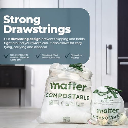 Matter Compostable Variety Pack 3 Gallon and 13 Gallon Kitchen Trash Bags with Drawstring, Unscented, Durable, Leak-Resistant, Eco-Friendly, 70 Count - style: 13 Gallon and 3 Gallon Variety Pack
