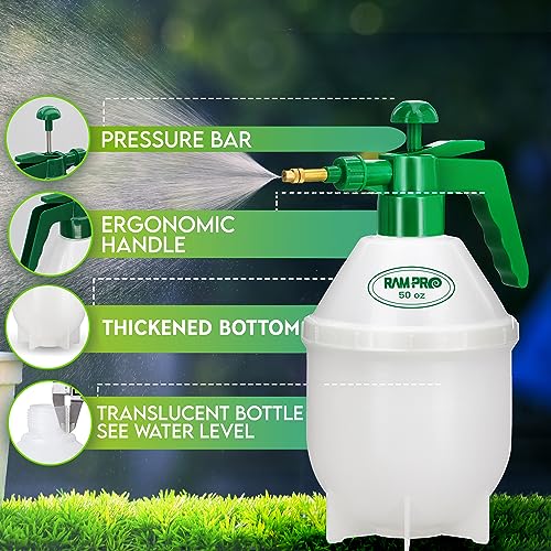 RamPro Garden Sprayer, 0.4 Gallon Pump Sprayer, 1.5L Weed Sprayer, 50 Oz Water Sprayer Pump Spray Bottle for Lawn Sprayer, Plant Mister, Safety Valve & Adjustable Brass Nozzle Pressure Hand Sprayer - size: 50oz