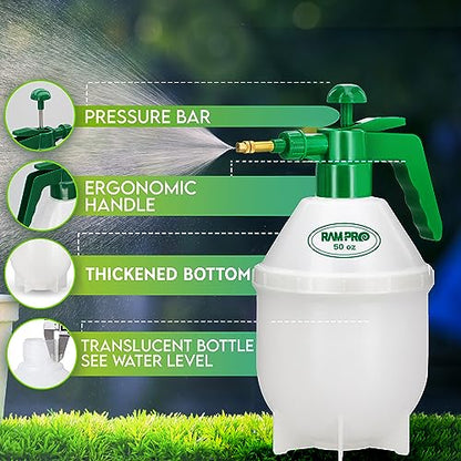 RamPro Garden Sprayer, 0.4 Gallon Pump Sprayer, 1.5L Weed Sprayer, 50 Oz Water Sprayer Pump Spray Bottle for Lawn Sprayer, Plant Mister, Safety Valve & Adjustable Brass Nozzle Pressure Hand Sprayer - size: 50oz