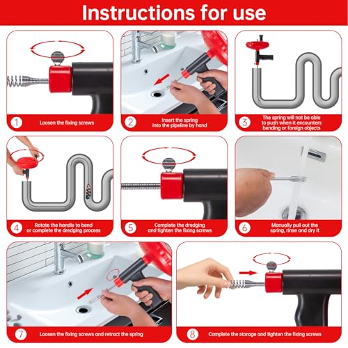Drain Snake Flexible Steel Drain Auger With Drill Adapter Manual Or Powered Toilet Snake for Bathtub Drain, Bathroom Sink, Kitchen Cleaning with Gloves(30ft/9M-Red) - color: Drain Auger-Red, style: 30ft/9M Stainless Steel Cable