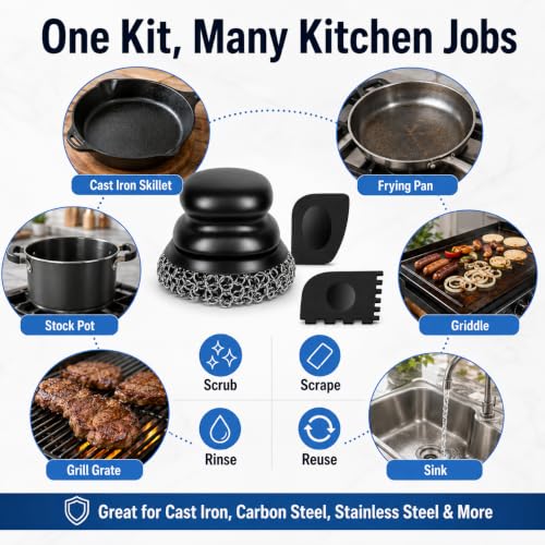 Cast Iron Scrubber and Scraper, Chain Mail Scrubber Cast Iron for Cleaning Dishes, Stock Pots, Pans, Griddles, Grills, Dish Scouring Pads - color: Black Coarse Mesh