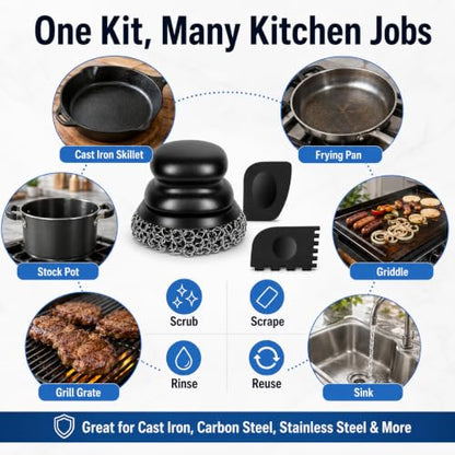 Cast Iron Scrubber and Scraper, Chain Mail Scrubber Cast Iron for Cleaning Dishes, Stock Pots, Pans, Griddles, Grills, Dish Scouring Pads - color: Black Coarse Mesh