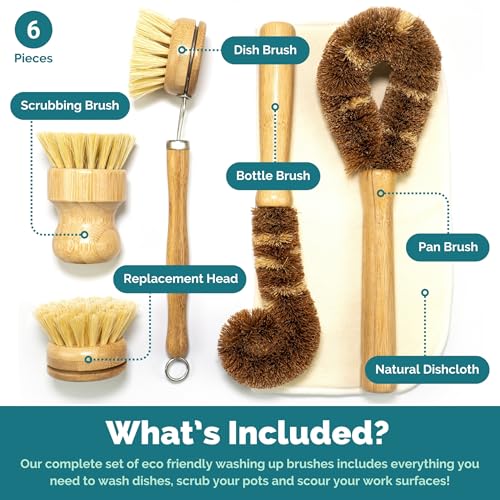 Jungle Culture® 6 Pack Bamboo Dish Brush Set for Washing Up • Natural Wooden Dish Brushes for Pans & Dishes • Eco Friendly Dish Scrubber for Bottles, Pots & Vegetables • Non Toxic & Plastic Free