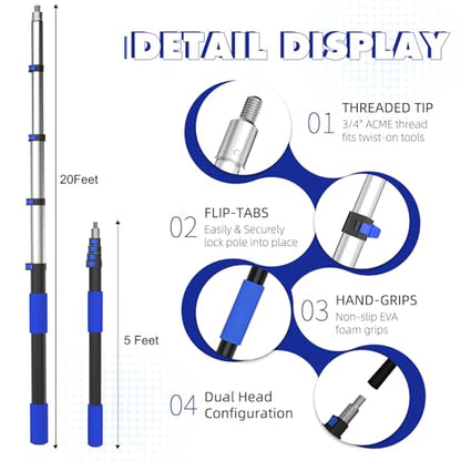 26Ft Reach Car Wash Kit with 5-20FT Telescopic Extension Pole, Car Wash Brush with Long Handle, Wheel Tire Brush, Car Wash Mop, Mitt, Squeegee for Cleaning Car, SUV, RV, Boats, Solar Panels