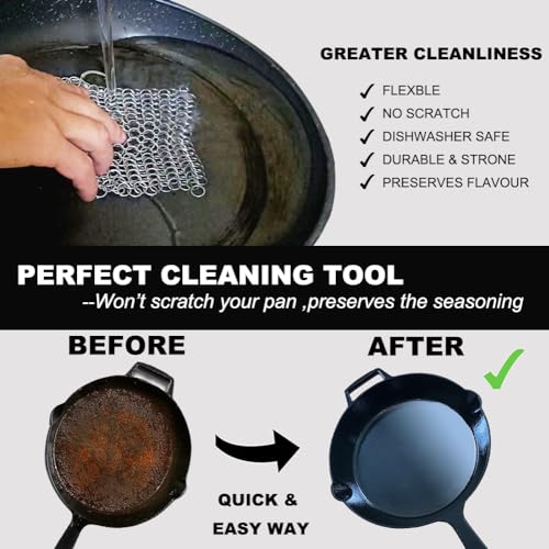 Cast Iron Cleaner - 6 Inch Stainless Steel Chain mail Scrubber for Cast Iron Pans Cleaner Chainmail Scrubber for Skillet, Wok, Pot, Dutch Ovens