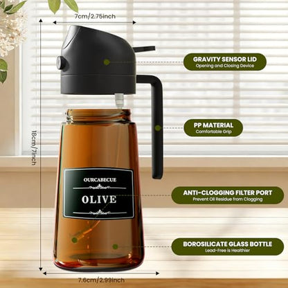 OURCABECUE 2 in 1 Olive Oil Sprayer for Cooking, 16oz/470ml Glass Olive Oil Dispenser Bottle for Kitchen, Light-Blocking Dark Brown Oil Mister with 8 Oil Stickers (Black+Green2PC) - color: Brown Bottle-Black+Green2PC