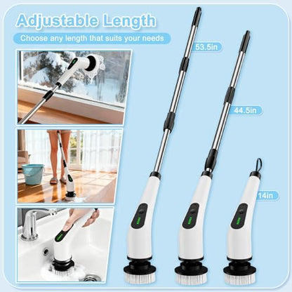 Electric Spin Scrubber, Cordless Cleaning Brush with 8 Replaceable Brush Heads, Shower Scrubber with Adjustable Extension Handle, Waterproof Power Scrubber for Bathroom Tile Floor Tub Car Walls