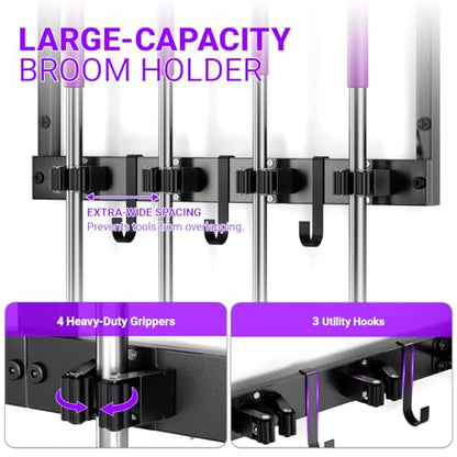 Heavy Duty Broom Holder Wall Mount with Cleaning Supplies Organizer, Space-Saving Laundry Room Organization and Storage Shelves, All-Metal Mop Hanger Broom Rack with Hooks, Garage Organizer Shelf - size: Small