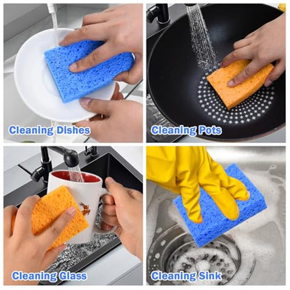 YoleShy 48 Pack Sponges Kitchen Natural Compressed Cellulose Sponges for Dishes Non Scratch for Household Cookware Bathroom Cars Soft Super Absorbent Reusable, Blue and Yellow