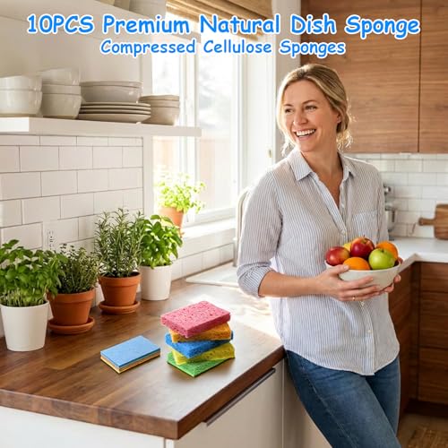 10 Pcs Cellulose Kitchen Sponges, Natural Compressed Sponges Reusable Non Scratch Sponge for Kitchen Dish Washing Bathroom Cars Cut-Outs DIY Scrub Sponge for Cleaning