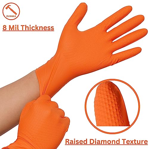 Industrial Nitrile Gloves – Heavy Duty Latex & Powder Free Disposable Gloves with Diamond Texture - color: Orange, size: Medium (Pack of 100)