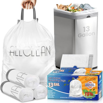 Trash Bags 13 Gallon Tall Kitchen Drawstring Garbage Bags,Fit 13 Gal Bins,Heavy Duty Tear&Leak Resistant Unscented Recyclable Trash Can Liners for Home Office Bathroom Garden Garage Outdoor - style: 13 Gallon-White