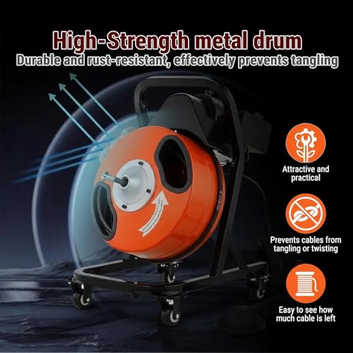 50FT x 1/2 Inch Drain Cleaner Machine, Electric Drain Auger on 4 Wheels for 1"-4" Pipes, Enclosed Metal Drum with 4 Cutters & Pneumatic Foot Switch, Sewer Snake Auger - style: 50FT x 1/2inch