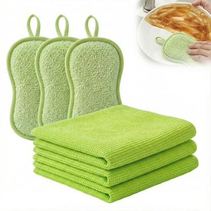 6Pcs Microfiber Cleaning Cloths & Sponges Set - 3Pcs Absorbent Towels + 3Pcs Dual-Sided Scrub Sponges - for Kitchen, Car, Bathroom, Dishes and Hard Surfaces(Green) - color: Green