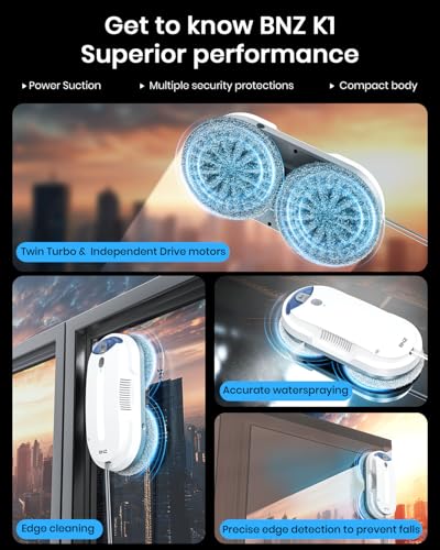 BNZ Smart Window Cleaning Robot, Twin Turbo & Dual Auto-Spray Window Cleaner with Multiple Safety System, AI Path Planning, Frameless Edge Detection, K1 (White) - color: White