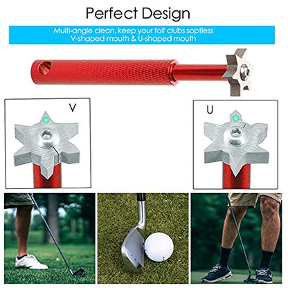 VIPMOON Golf Club Cleaner Kit, 2 Pcs Groove Sharpener Regrooving Tool and 1 Pcs Retractable Club Cleaner Brush, Portable Groove Sharpener Tool for All Golf Irons for Men - color: Red