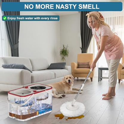 RinseWise Large Gen 1 Spin Mop and Bucket with Wringer, 2 Gal Clean Water Capacity, 4-Chamber Clean & Dirty Water Separation, 61" Handle, 4 Swivel Wheels, 6 Microfiber Heads for Hardwood & Tile Floors - size: Large Gen 1-White/Red+6 Mop Heads