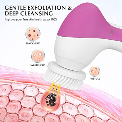 COSLUS Facial Cleansing Brush Silicone Face Scrubber: 7 in 1 FBS-D Electric Exfoliating Rotating Massage Device Waterproof Deep Cleaning Exfoliation Spa Machine - Electronic Skin Care Wash System - color: Pearl Pink, size: With 7 brush heads