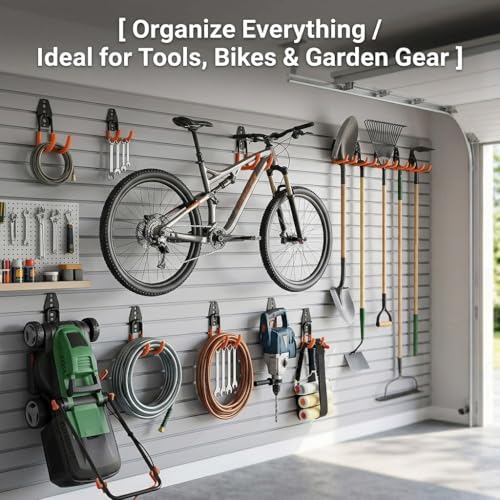 16 Pack Garage Hooks Heavy Duty, Industrial Wall Mount Garage Storage Hooks for Hanging Bike, Ladder and Garden Tools, Organization System with Mop Broom Holders, 100 LBS Capacity, Orange