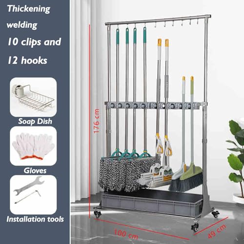 Mop and Broom Rack, Removable Broom Organizer Storage Tool Rack, Can Hold Wet Mops Stainless Steel Can Hold Long Handled Tools/Rakes/Brooms(176x100x49cm) - size: 176x100x49cm