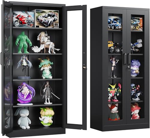 SISESOL Metal Storage Cabinet with Lock and Glass Doors,Glass Display Cabinet,Black Storage Cabinets,Locking Curio Cabinets with 5 Shelves for Collectibles,Home,Office,Living Room - color: Black, size: 71"H -2 Glass Door