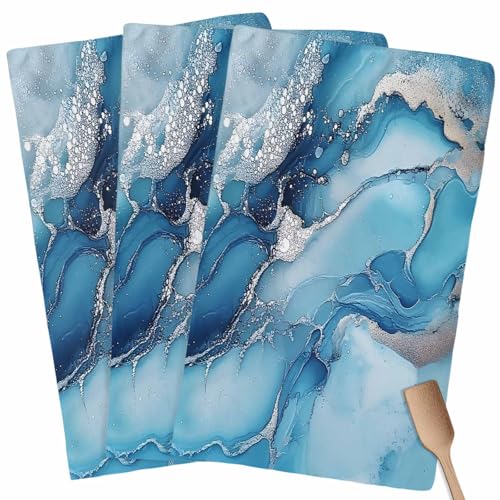 Marble Texture Kitchen Towels Set of 3 Blue Sliver Shinny Modern Abstract Decorative Dish Towels Ultra Soft Microfiber Absorbent Reusable Dishcloths for Kitchen Drying, 18x28 Inch - size: 28" x 18" (Pack of 3)