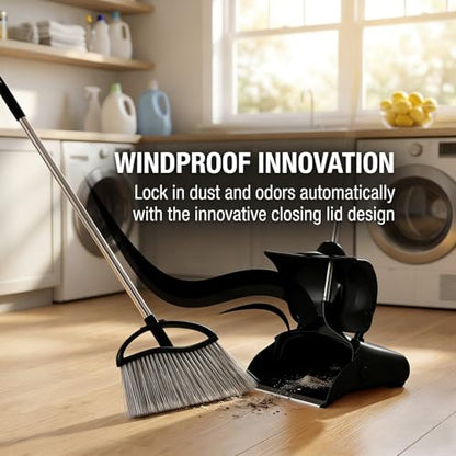 Long Handle Heavy Duty Broom and Dustpan Set, Outdoor and Commercial Upright Dustpan and Brush for Restaurant Garage Garden Yard Office,Black - color: Black