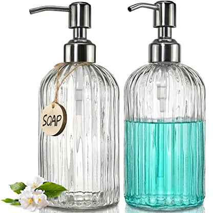 JASAI 2PACK 18 Oz Glass Soap Dispenser with Rust Proof Stainless Steel Pump, Refillable Hand Soap Dispenser with Vertical Stripe, Premium Bathroom soap Dispenser for Kitchen & Bathroom - color: Clear-2p, size: 2 Pack