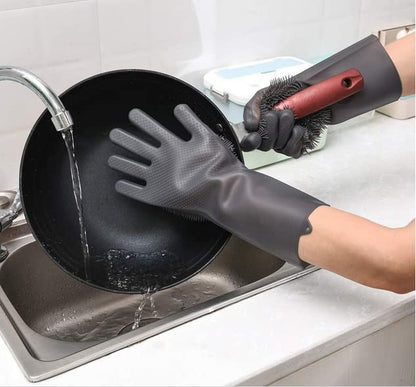 Silicone Dishwashing Gloves, Pet Grooming Rubber Scrubbing for Dishes, Sponge Wash Cleaning with Scrubbers (13.6" L) - color: Grey