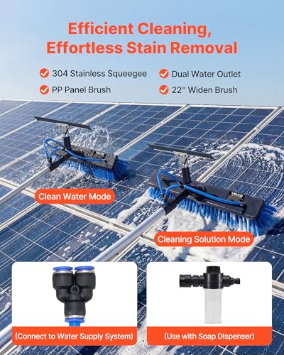 VEVOR Solar Panel Cleaning Kit, 15 ft, Water Fed Pole Kit with Cleaning Brush, Squeegee, Soap Dispenser, Extendable Aluminum Telescopic Pole, 180° Rotatable Brush Head, for Roof Mounted Solar Panels - size: 15 Ft