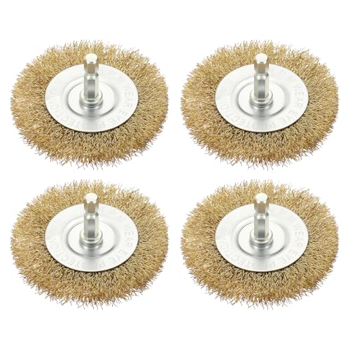 DTGN 3 Inch Wire Wheel Brush for Drill - 4 Pcs - Coarse Brass-Plating Crimping Drill Wires Brush(0.012" Brass-Plating Wires) - 1/4 Inch Hex Shank - Good for Cleaning Rust Paint Abrasive - size: 3 inch