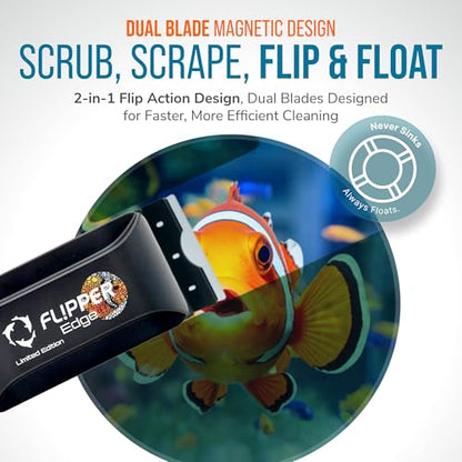FLIPPER EDGE Standard Limited Edition Clownfish Magnetic 2-in-1 Aquarium Cleaner for Glass and Acrylic Tanks up to 1/2" (12mm) Thick – Dual Blade Design with Floating Algae Scraper and Cleaning Tool - color: LTD Clownfish, style: Standard - For Tanks 3/8