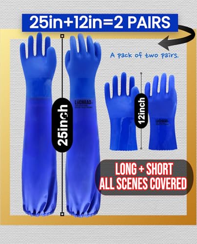 LIICHAAO 2 Pairs-Long waterproof gloves,Cleaning Poison ivy gloves,Aquarium pool,Long elbow Resistant Abrasion (2 Pairs Matching style (XL))