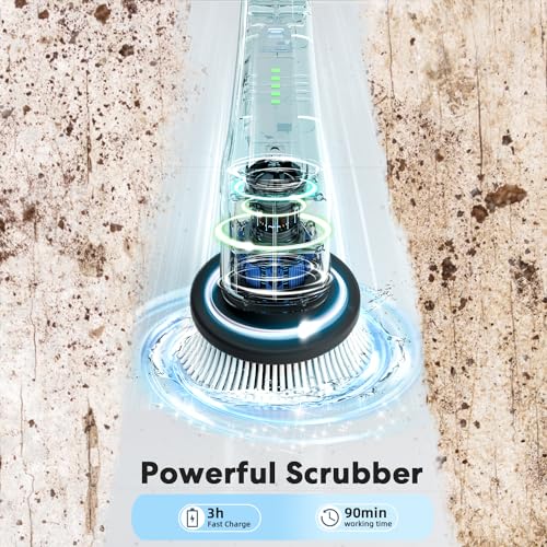 Electric Spin Scrubber for Cleaning Bathroom: Granvell Shower Cleaner Brush with 7 Replaceable Heads & Long Handle, Cordless Power Scrub Tools for Bath Tub Floor Tile