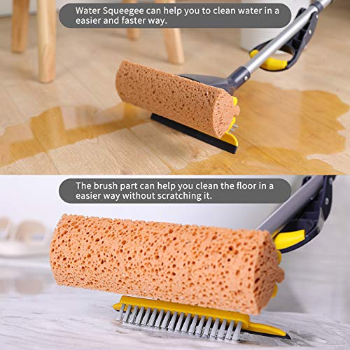 Yocada Sponge Mop Home Commercial Use Tile Floor Bathroom Garage Cleaning with Squeegee and Extendable Telescopic Long Handle 42-52 Inches Easily Dry Wringing - color: Sponge Mop