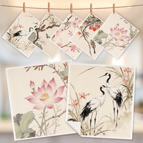5 Pcs Watercolor Red-Crowned Crane Swedish Dishcloths, Traditional Themed Swedish Dishcloth, Artistic Dish Cloths for Drying Dishes, Reusable Cleaning Cloths, Housewarming Gifts for Women - color: Lm 04252