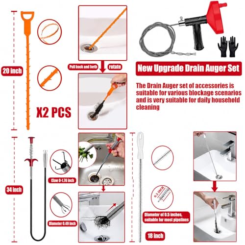Drain Snake Auger 33 Ft, Plumbing Snake Drain Hair Clog Removal Tool, Heavy Duty Snake Auger, Sink Unclogger Drain Cleaner Tool for Bathroom Kitchen Tub Shower Drain Clog Remover with Gloves, Red