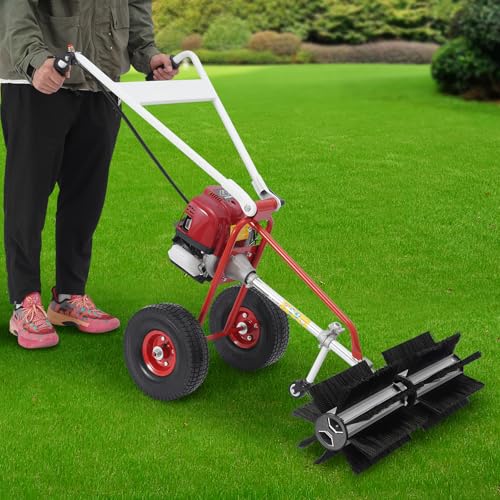 4 Stroke Gas Powered Hand Push Lawn Sweeper Broom, Gas Walk Behind Outdoor Sweeper with 23.62" High-Density Brush, Adjustable Handles for Yard, Driveway, Artificial Turf Leaf Cleaning - style: 4 Stroke(Hand Push)