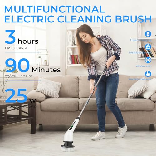 Electric Spin Scrubber Cordless for Bathroom & Floor, Extendable, 6 Heads | No bending needed. Cordless scrubber cleans bathroom, kitchen tiles & rims easily. 2 speeds, IPX7 & 6 heads.
