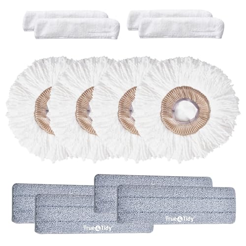 True & Tidy MP-360 Microfiber Mop Pad Replacement Set for SPRAY-360 Spray Mop, Includes Round Pad, Flat Pad & Squeegee Pad, Reusable & Machine Washable Up to 100X, 4 Sets