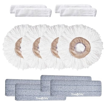 True & Tidy MP-360 Microfiber Mop Pad Replacement Set for SPRAY-360 Spray Mop, Includes Round Pad, Flat Pad & Squeegee Pad, Reusable & Machine Washable Up to 100X, 4 Sets